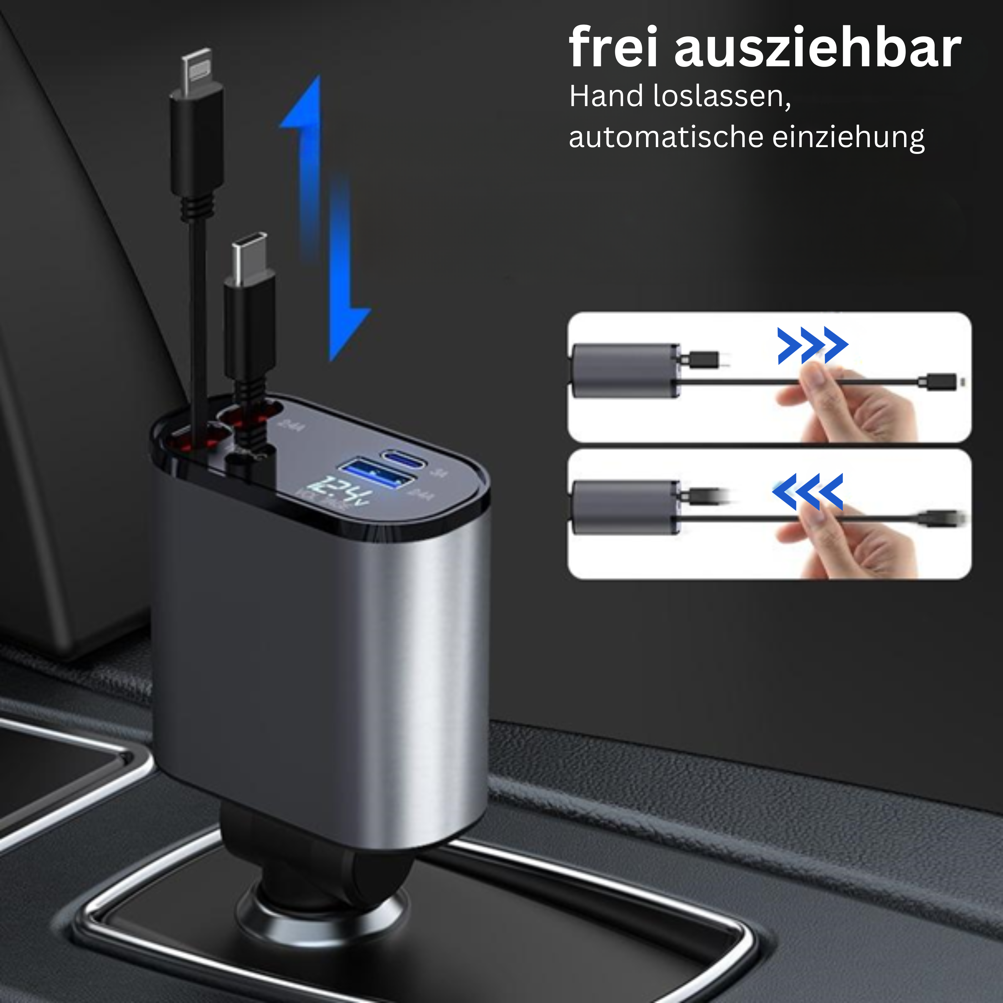 180°-Auto-Ladegerät 100W Super-Schnellladung Zigarettenanzünder USB und TYPE-C Adapter