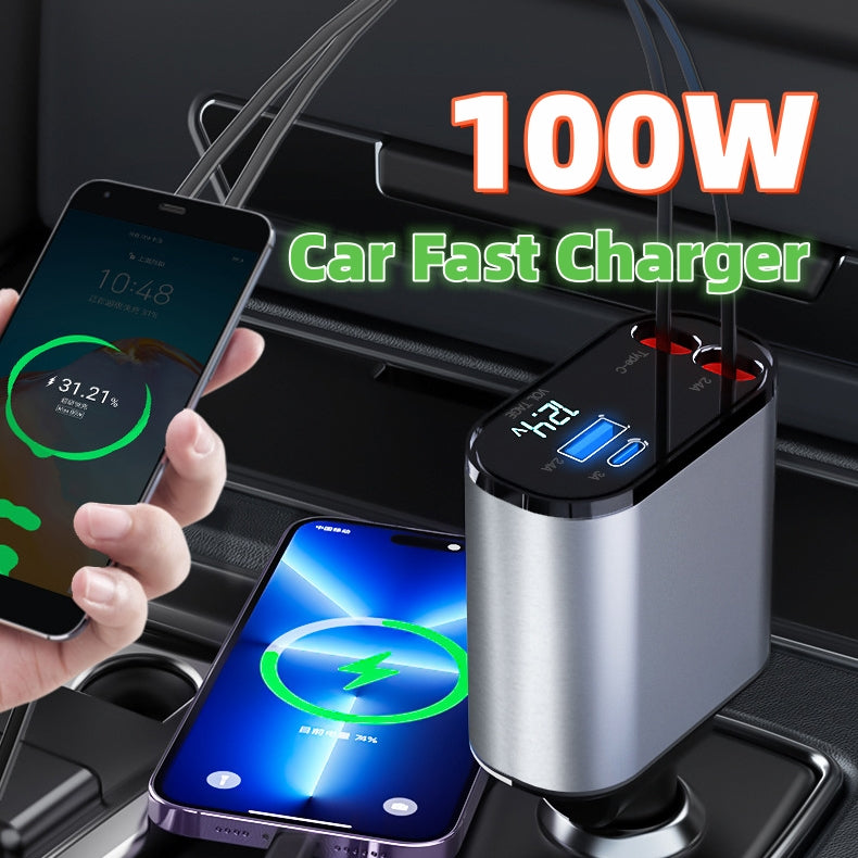 180°-Auto-Ladegerät 100W Super-Schnellladung Zigarettenanzünder USB und TYPE-C Adapter